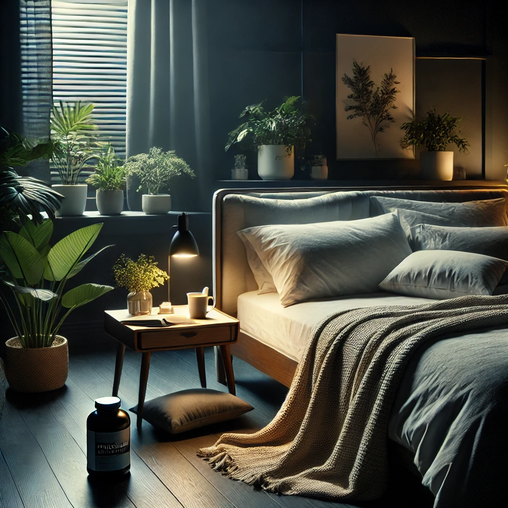 Cosy bedroom with a modern design featuring a bed with white sheets, a wooden nightstand with a lamp, a cup, and plants enhancing the serene atmosphere