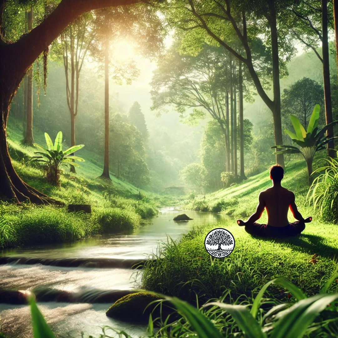 Person meditating in a serene forest by a flowing stream, with sunlight filtering through tall trees, representing tranquility and mindfulness.