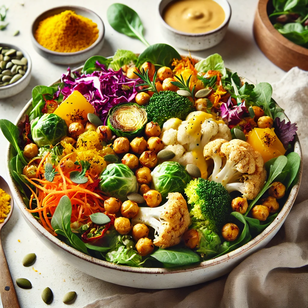 A vibrant Falafel Spiced Chickpea Salad featuring crispy roasted chickpeas, roasted Brussels sprouts, cauliflower, yellow pepper, shredded red cabbage, pumpkin seeds, and mixed greens, topped with creamy turmeric tahini dressing.