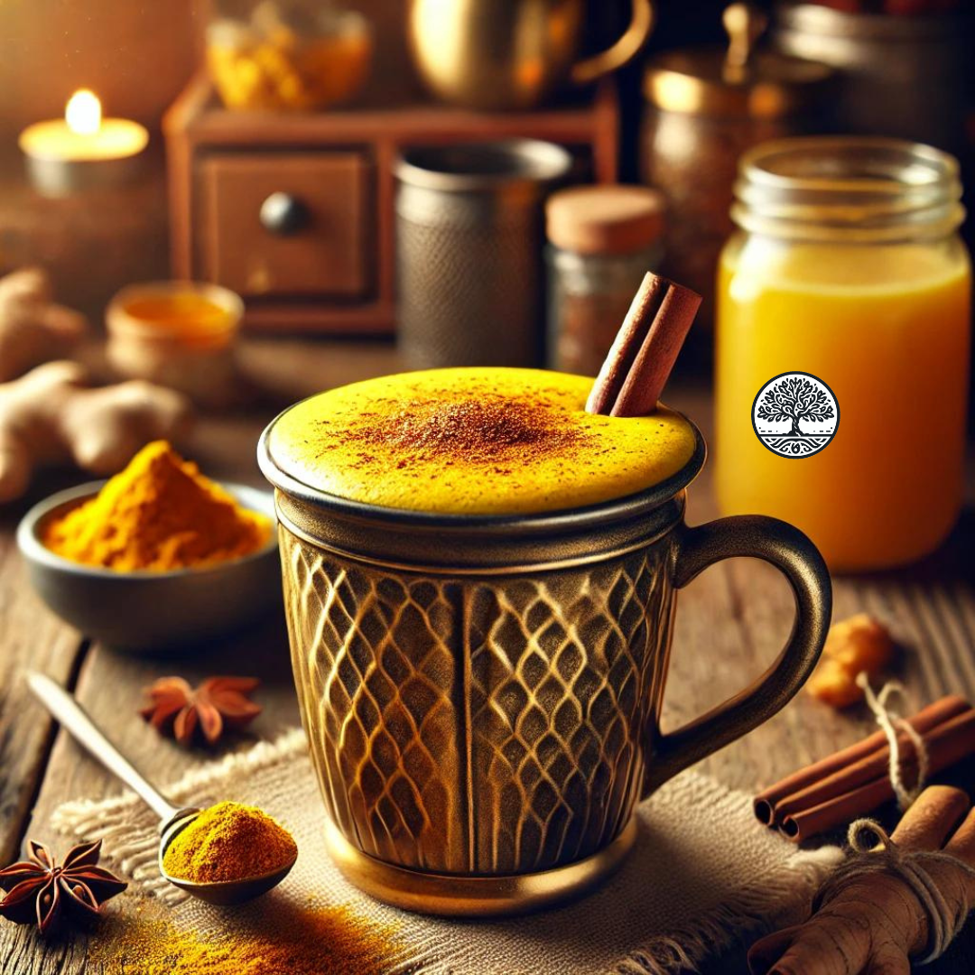 A steaming golden latte in a stylish mug, topped with cinnamon, surrounded by turmeric root, cinnamon sticks, and honey in a cozy kitchen setting.