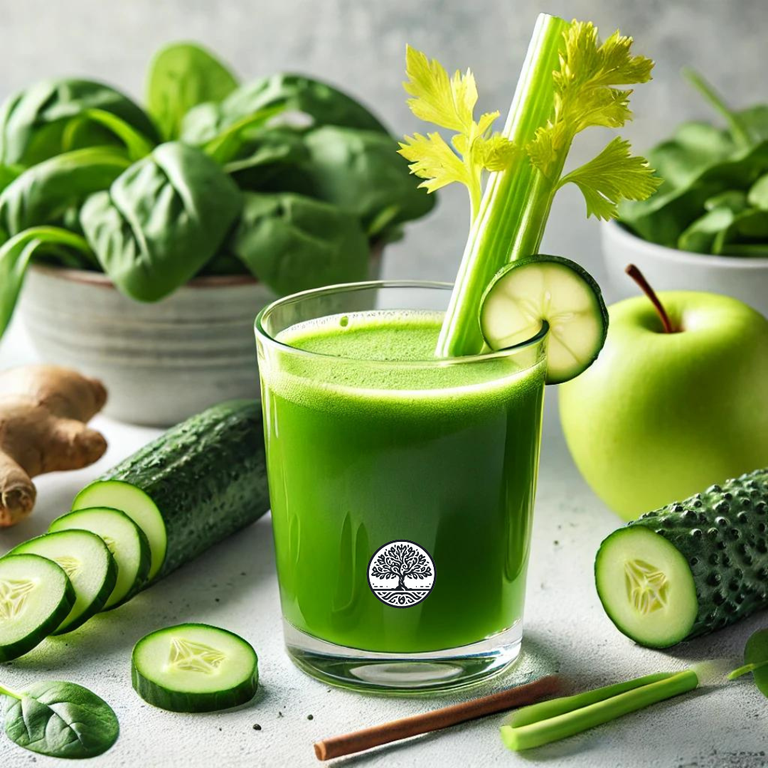 Freshly prepared green juice made from celery, cucumber, green apple, spinach, lemon, and ginger, served in a glass on a clean kitchen counter.